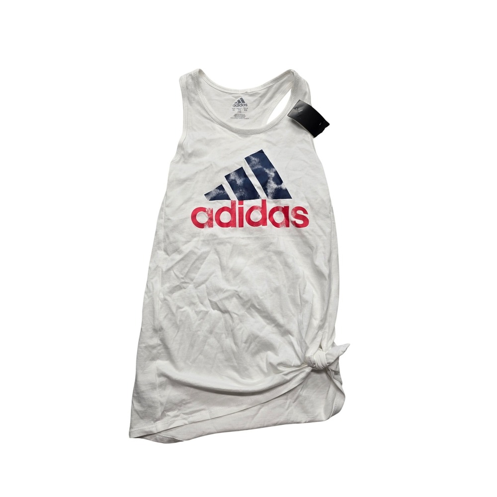 Adidas Girls XL 16 Knot Front‎ Tank Top Logo Racerback White Red Blue